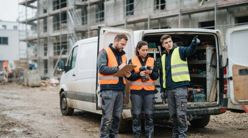 Handwerker-Kolonne am Transporter