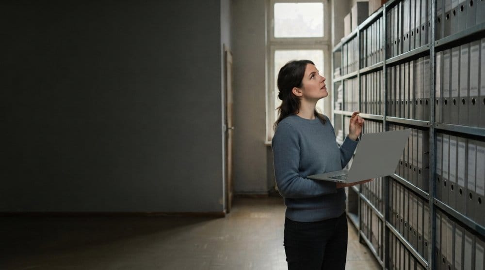 Ruhiger Arbeitsplatz mit verschlossenem Schrank im Abendlicht