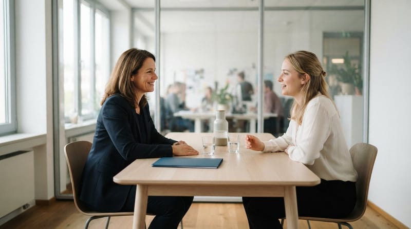 Bewerbungsgespräch am Tisch zwischen zwei Personen