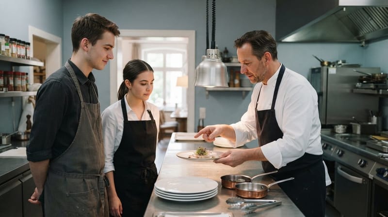 Küche und Service am Pass während des Betriebs