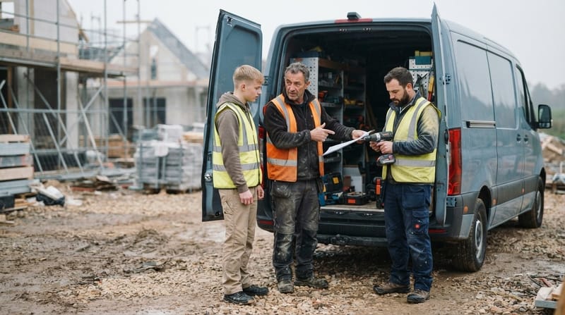 Handwerker-Kolonne am Transporter