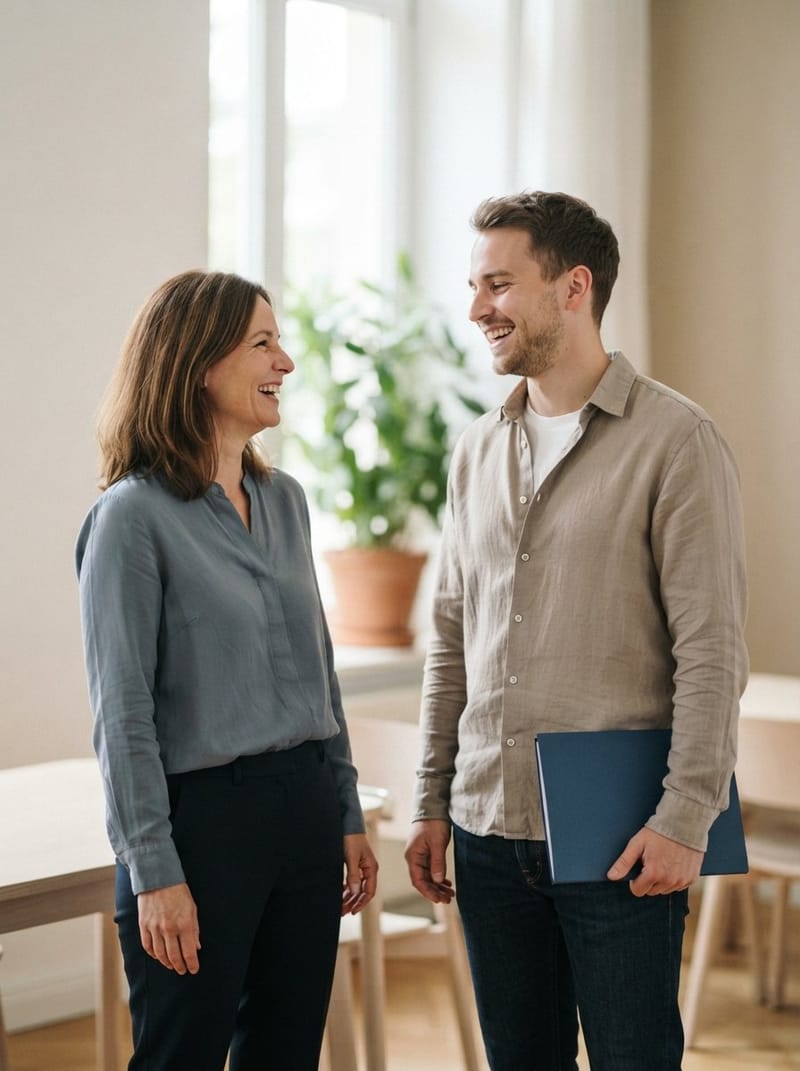 Zwei Personen lachen am Ende eines gelungenen Bewerbungsgesprächs