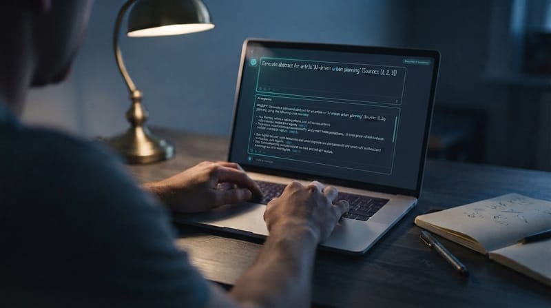 Ruhiger Schreibtisch bei Abendlicht, Hände an der Tastatur