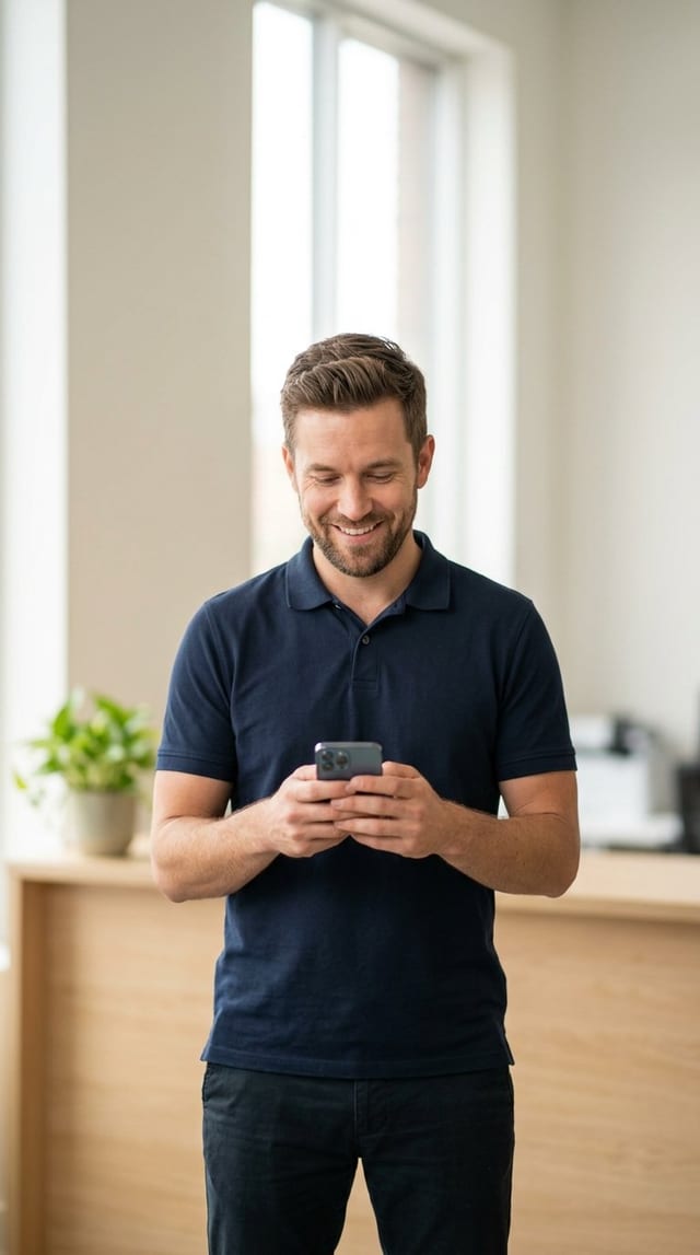 Person smiling at their smartphone