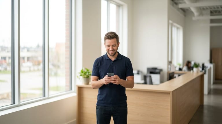 Person smiling at their smartphone