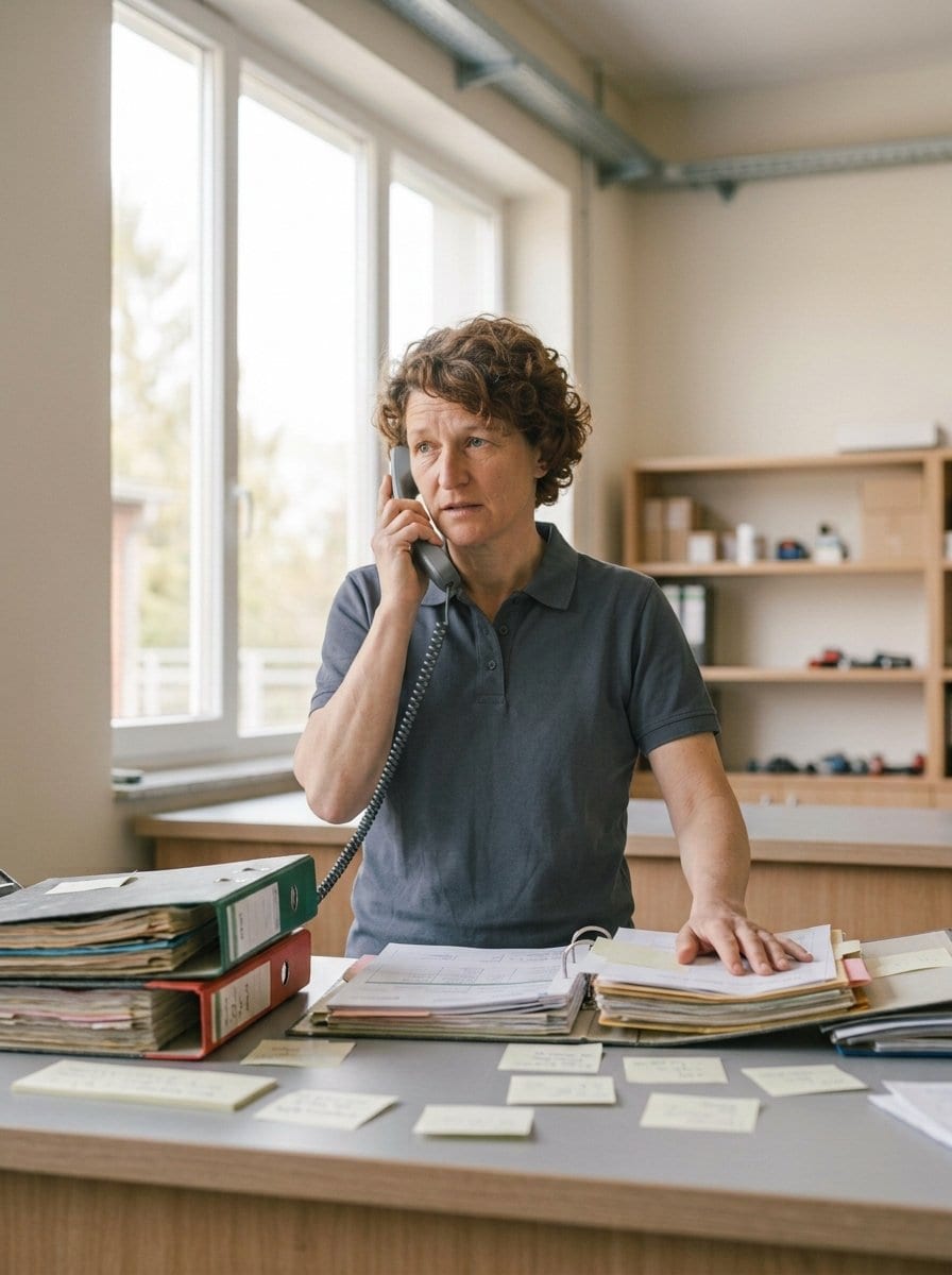 Chaos: phone calls, files, paper rota